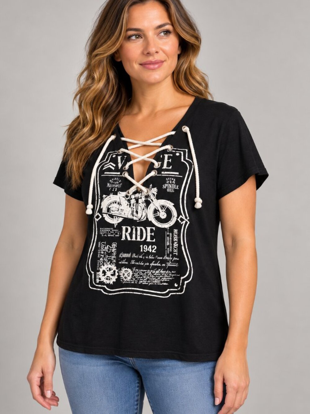 American Rebel L Black Graphic Tee Lace Up Motorcycle Biker Short Sleeve